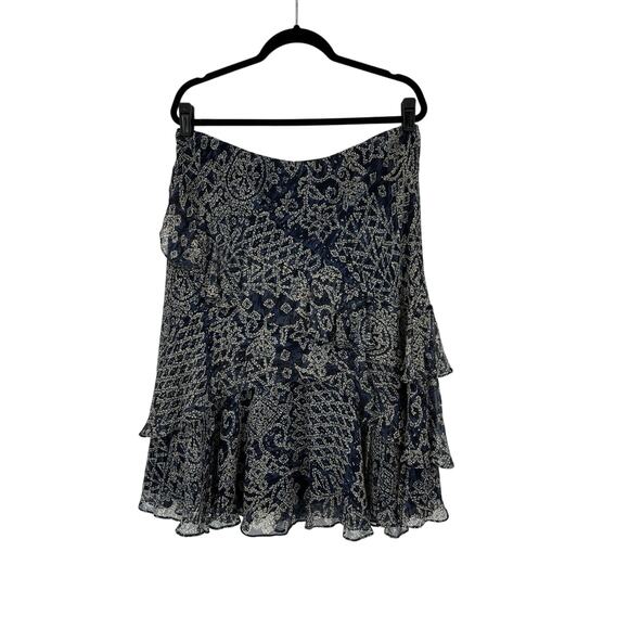 Lauren Ralph Lauren Silk Skirt Large Midi Ruffle Abstract Navy Boho Whimsigoth‎ - Picture 4 of 7